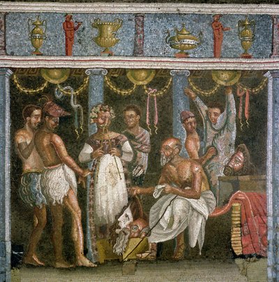 Attori che provano per un dramma satiresco, c.62-79 d.C. (mosaico) da Roman